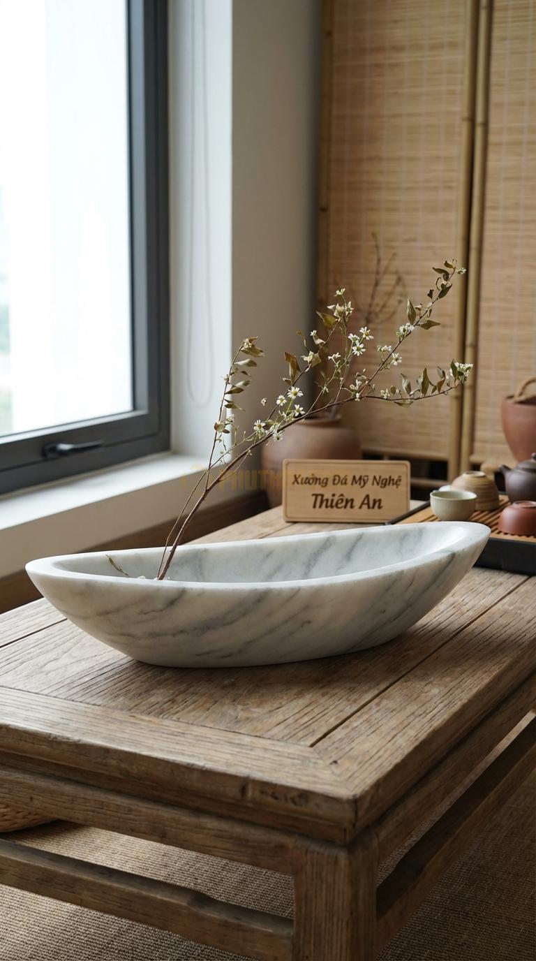Lọ Hoa Đá Trắng Xanh Họa Tiết “Thuyền Nan” (Dáng Con Thuyền Dài, Lòng Nông). Kích Thước Dài 40Cm, Rộng 12Cm, Cao 8Cm.
