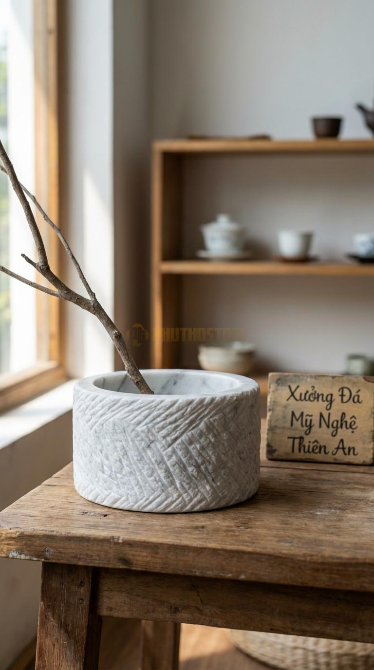Lọ Hoa Đá Trắng Xanh Họa Tiết “Tổ Chim” (Dáng Tròn, Bề Mặt Xước Rối). Kích Thước Đk 20Cm, Cao 10Cm.
