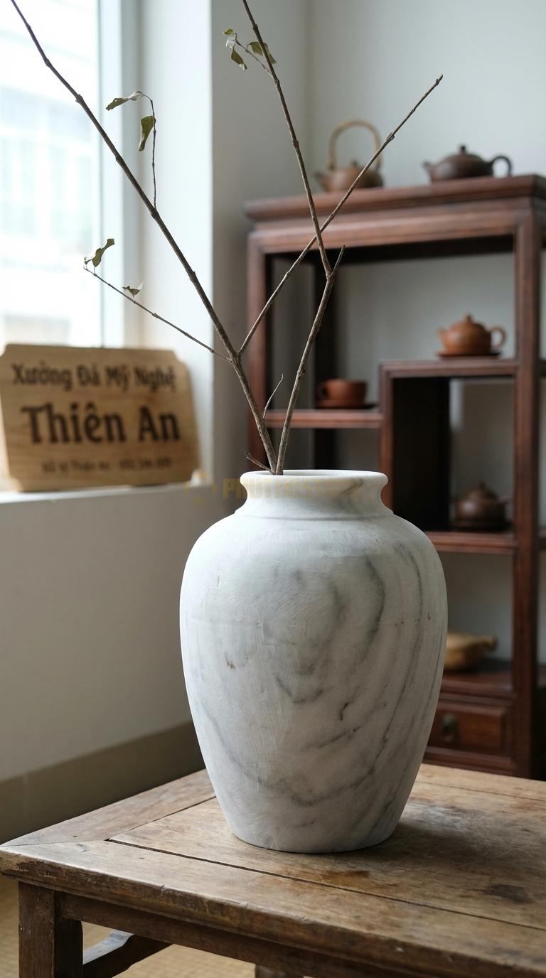 Lọ Hoa Đá Trắng Xanh Họa Tiết “Trơn Bóng Mờ” (Dáng Bình Củ Gừng, Đơn Giản). Kích Thước Cao 25Cm, Đk 18Cm.