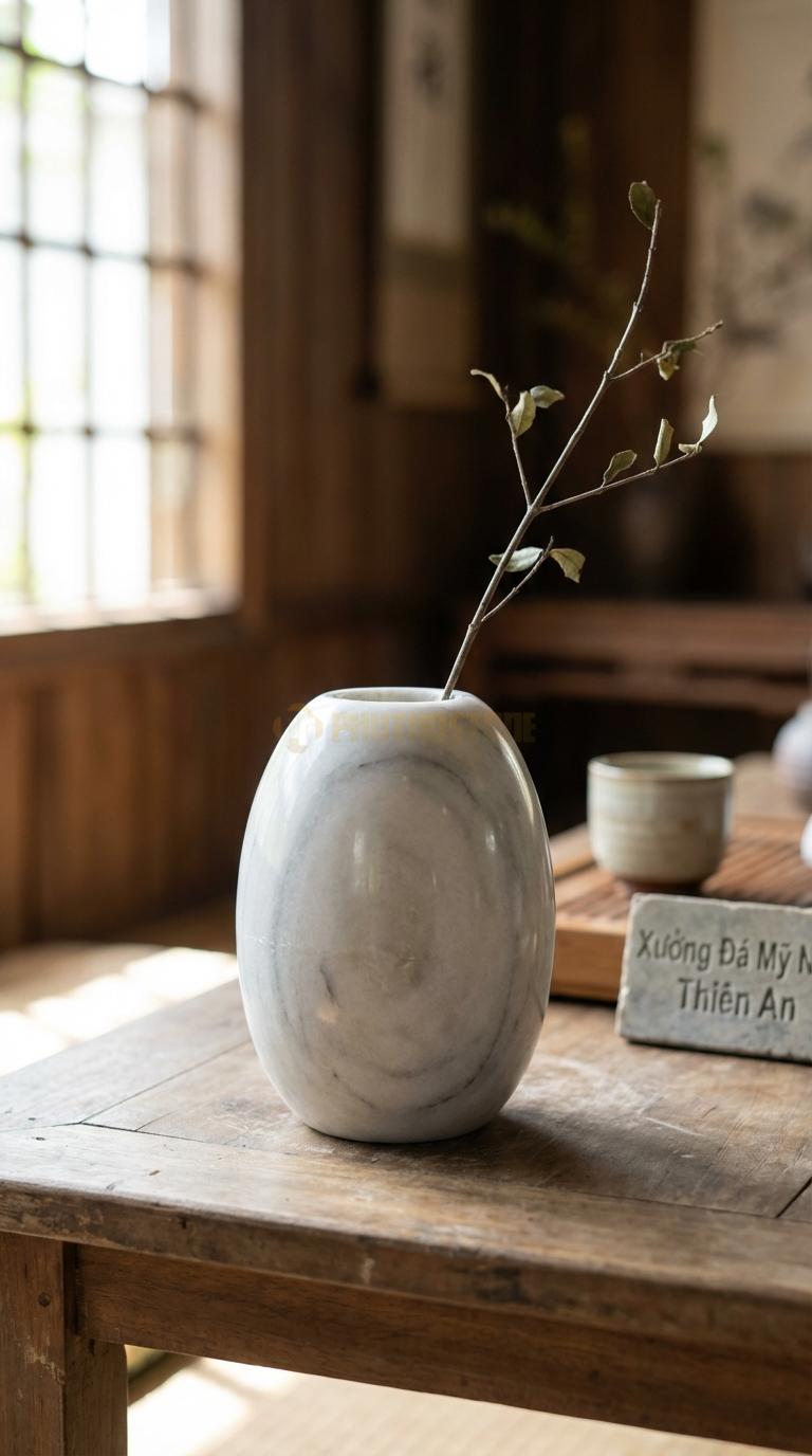 Lọ Hoa Đá Trắng Xanh Họa Tiết “Trứng Ngỗng” (Dáng Oval Đứng Trơn Nhẵn). Kích Thước Cao 14Cm, Đk 9Cm.