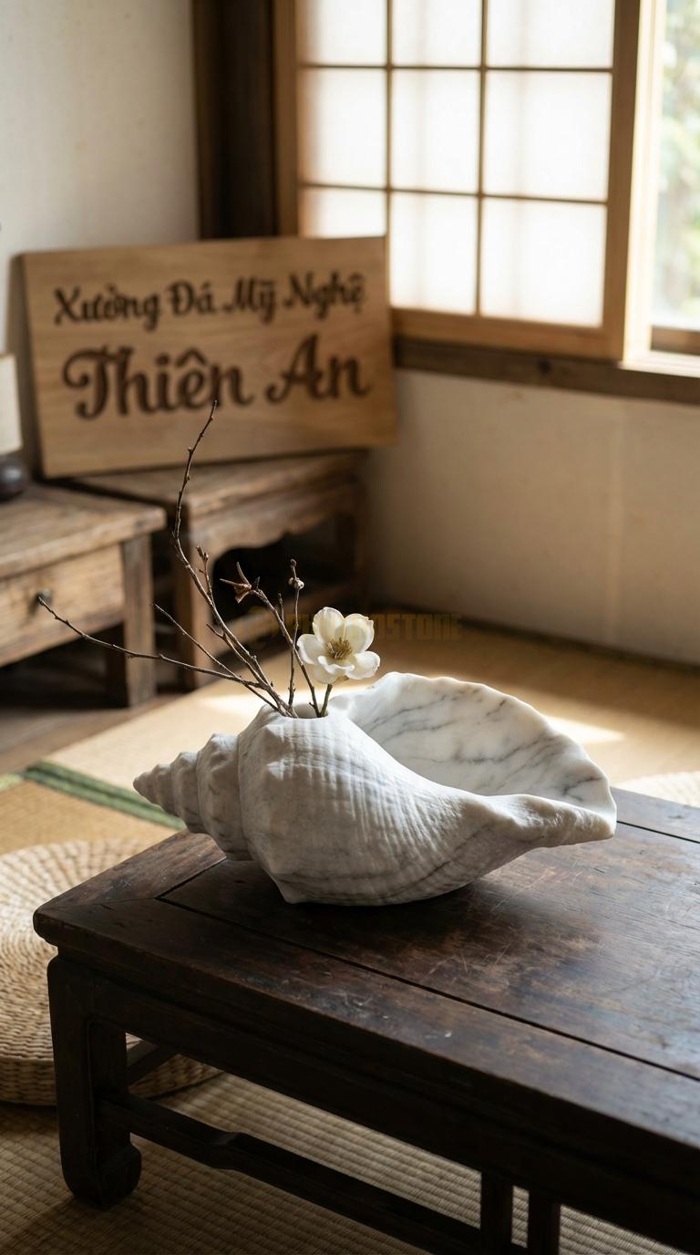 Lọ Hoa Đá Trắng Xanh Họa Tiết “Vỏ Sò” (Mô Phỏng Hình Vỏ Trai/Sò Lớn). Kích Thước Dài 28Cm, Rộng 18Cm, Cao 9Cm.