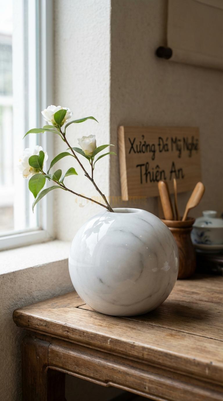 Lọ Hoa Đá Trắng Yên Bái Họa Tiết “Bóng Khí” (Tròn Vo Hoàn Hảo Như Bong Bóng, Mài Bóng Kính). Kích Thước Đk 12Cm, Cao 11Cm.