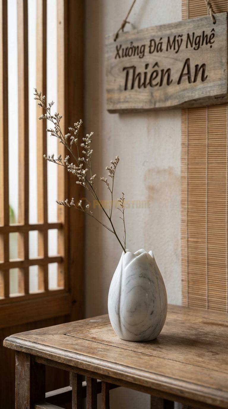 Lọ Hoa Đá Trắng Yên Bái Họa Tiết “Búp Sen” (Tạo Hình Búp Sen Chưa Nở). Kích Thước Cao 13Cm, Đk 9Cm.