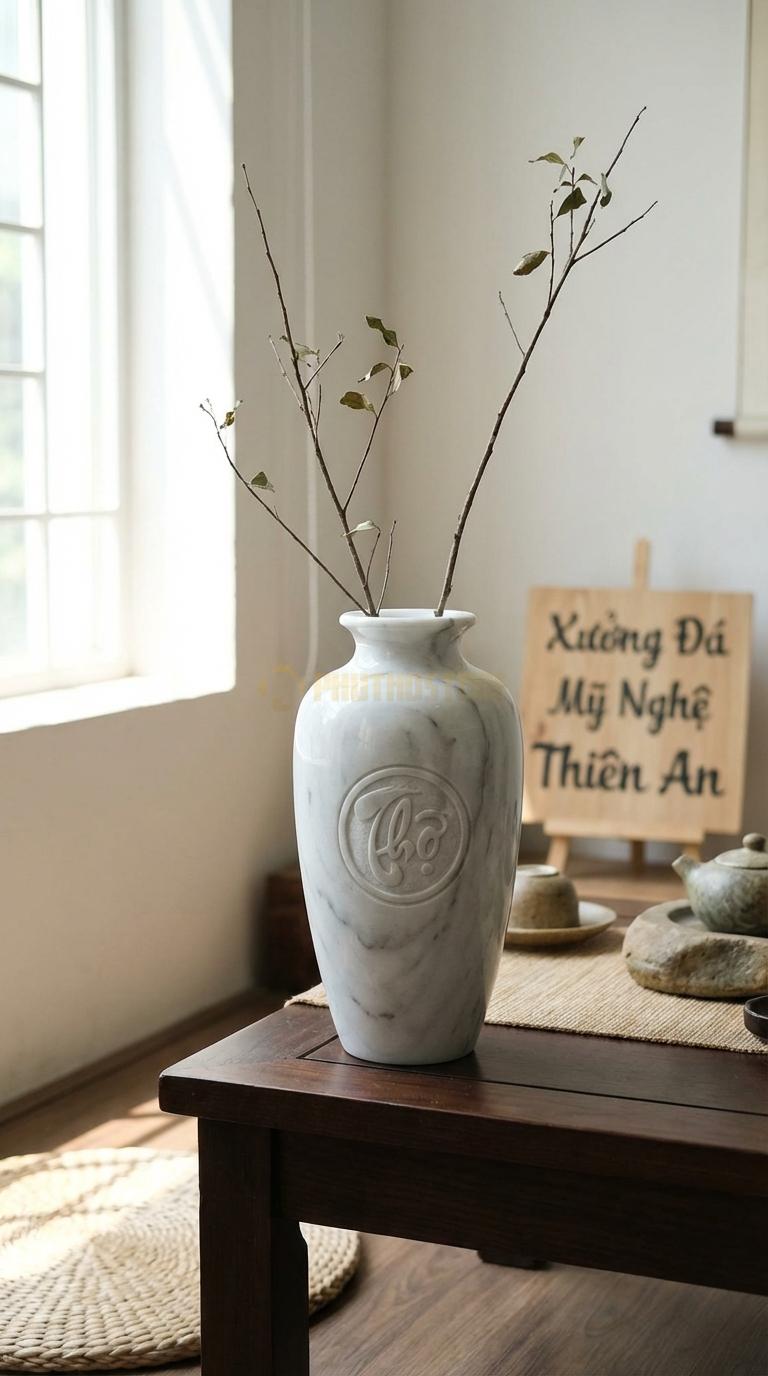 Lọ Hoa Đá Trắng Yên Bái Họa Tiết “Chữ Thọ” (Khắc Chữ Thọ Tròn Ở Chính Diện). Kích Thước Cao 32Cm, Đk 16Cm.