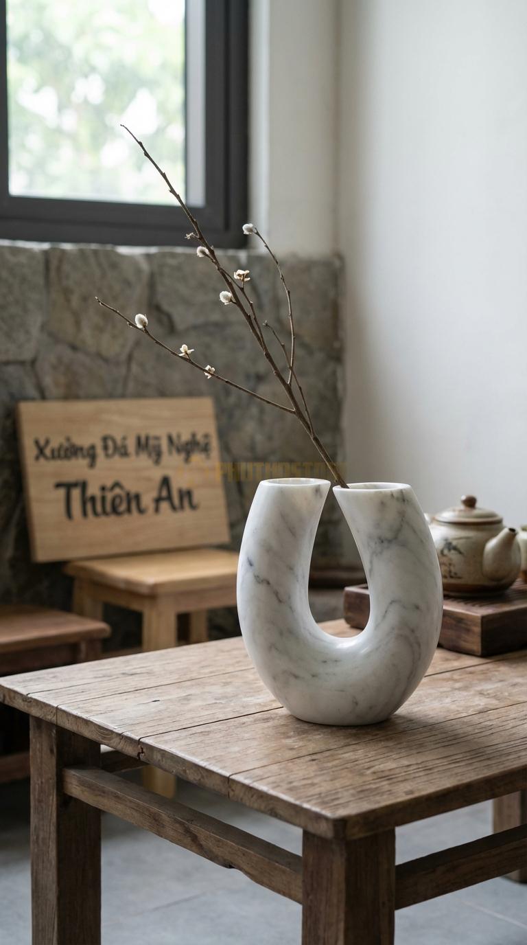 Lọ Hoa Đá Trắng Yên Bái Họa Tiết “Chữ U” (Dáng Cong Chữ U Hiện Đại). Kích Thước Cao 14Cm, Rộng 12Cm.