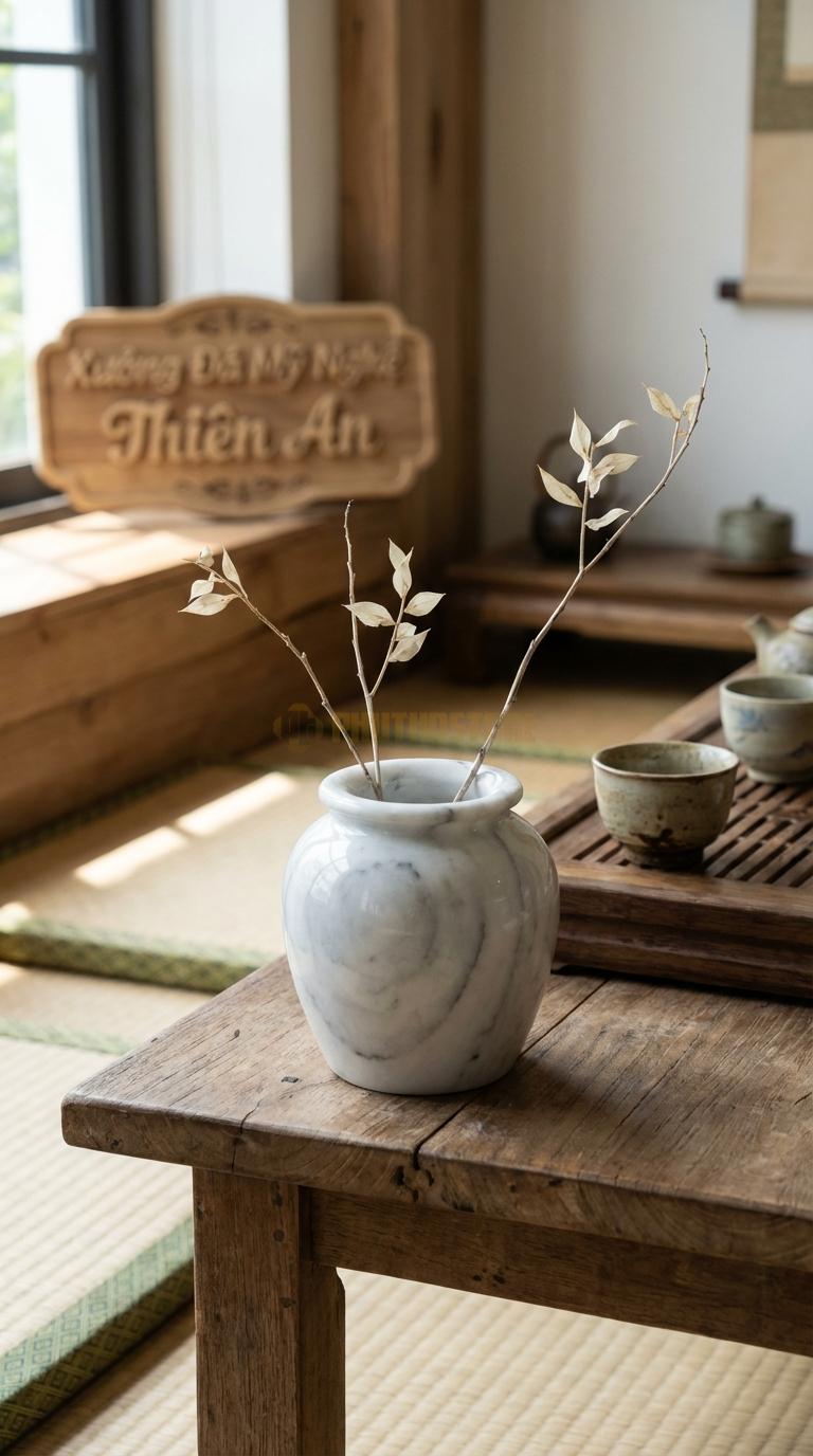 Lọ Hoa Đá Trắng Yên Bái Họa Tiết “Chum Sành Mini” (Mô Phỏng Chum Nước Cổ). Kích Thước Cao 10Cm, Đk 10Cm.
