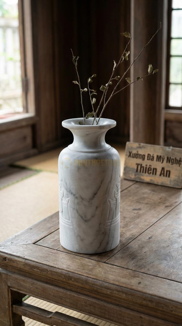 Lọ Hoa Đá Trắng Yên Bái Họa Tiết “Cổ Loa” (Miệng Loe Rộng, Cổ Nhỏ). Kích Thước Cao 28Cm, Đk Miệng 18Cm.