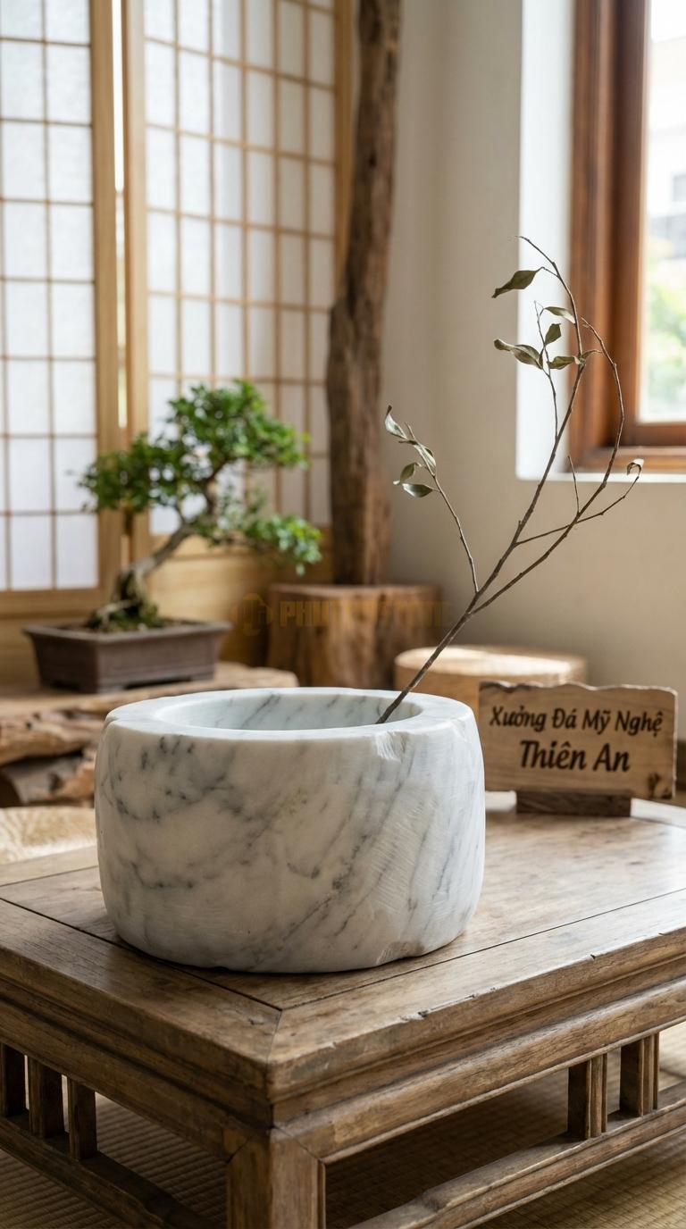 Lọ Hoa Đá Trắng Yên Bái Họa Tiết “Cối Đá Cổ” (Mô Phỏng Cối Xay Đá Ngày Xưa). Kích Thước Đk 25Cm, Cao 12Cm.