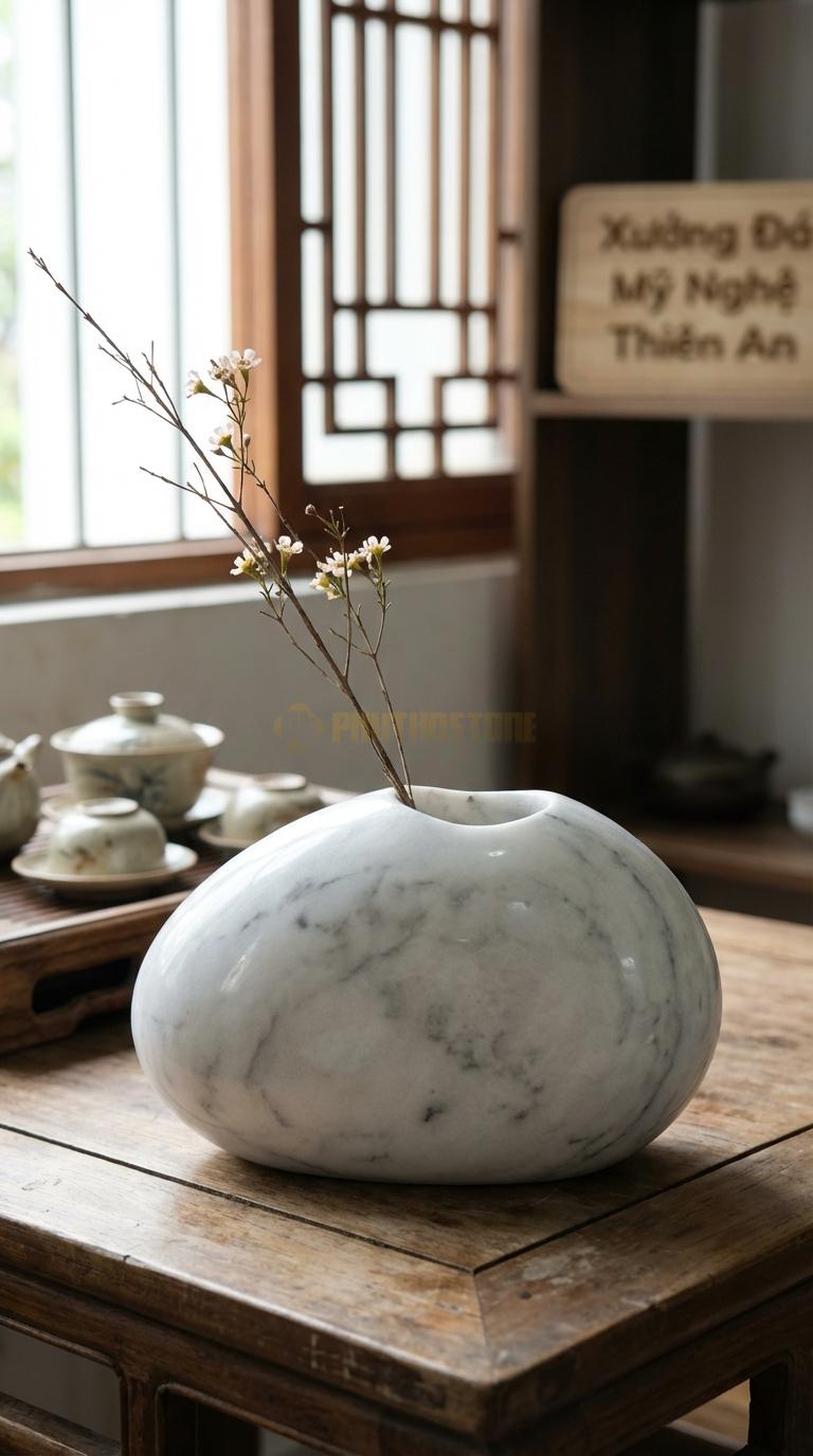Lọ Hoa Đá Trắng Yên Bái Họa Tiết “Đá Cuội Suối” (Hình Viên Cuội Tự Nhiên Khoét Lỗ). Kích Thước Ngang 20Cm, Cao 15Cm.