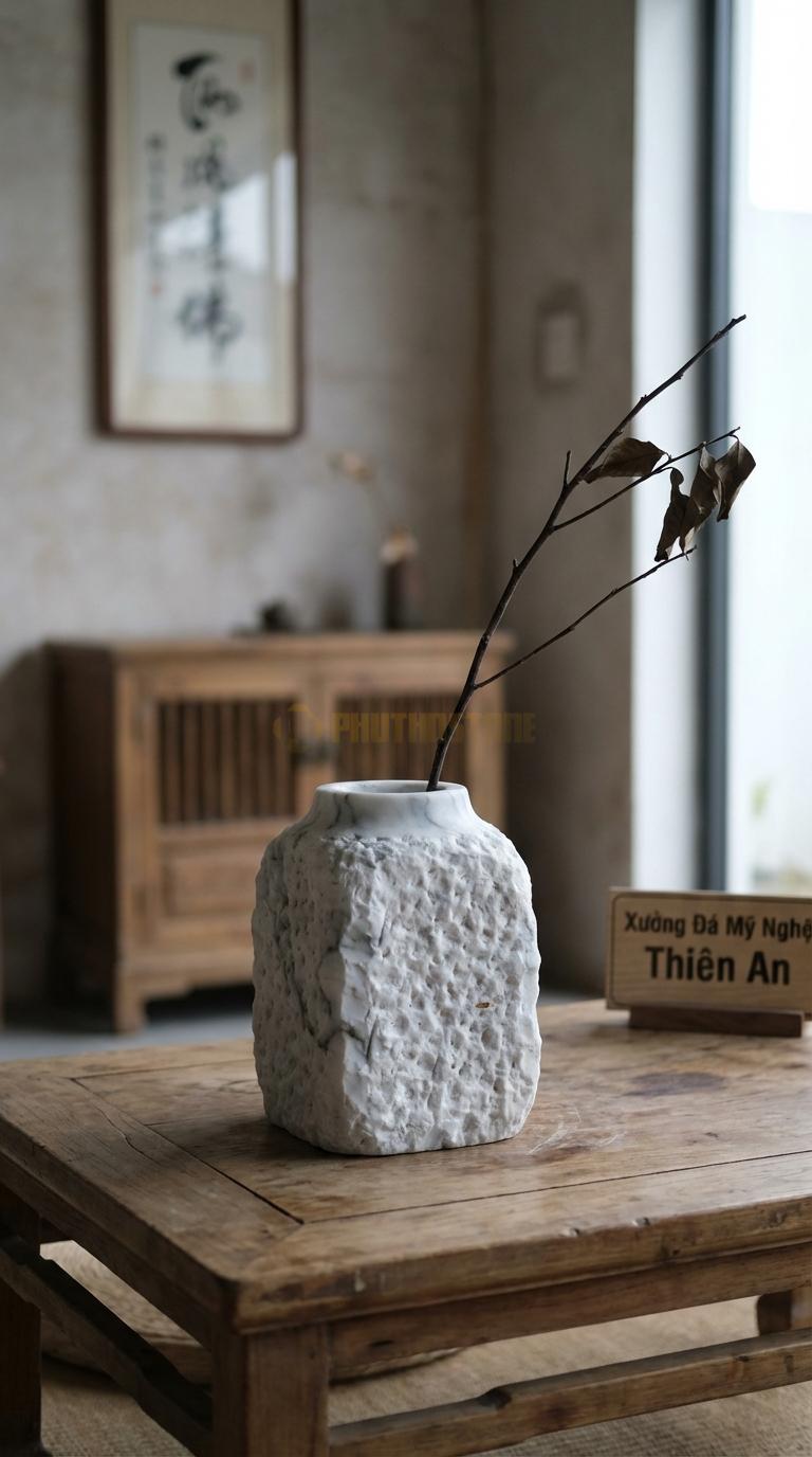 Lọ Hoa Đá Trắng Yên Bái Họa Tiết “Đá Ong” (Tạo Bề Mặt Rỗ Như Đá Ong). Kích Thước Cao 20Cm, Vuông 12Cm.