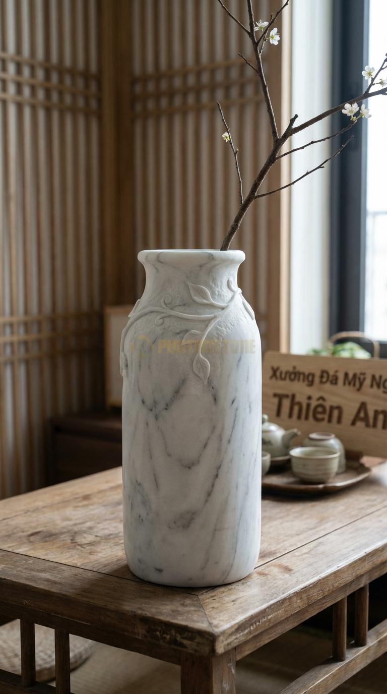 Lọ Hoa Đá Trắng Yên Bái Họa Tiết “Dây Leo” (Hoa Dây Quấn Quanh Cổ Bình). Kích Thước Cao 30Cm, Đk 14Cm.