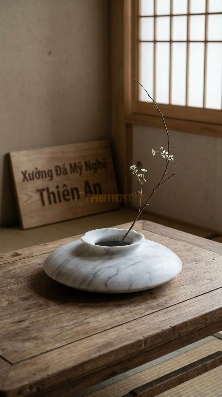 Lọ Hoa Đá Trắng Yên Bái Họa Tiết “Đĩa Bay Tròn” (Dáng Đĩa Tròn Dẹt, Miệng Loe). Kích Thước Đk 30Cm, Cao 6Cm.