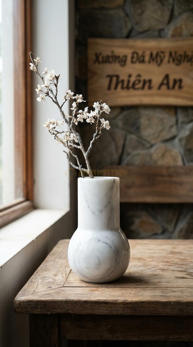 Lọ Hoa Đá Trắng Yên Bái Họa Tiết “Giọt Nước” (Thon Đáy, Bầu Tròn Ở Dưới). Kích Thước Cao 15Cm, Đk Bụng 8Cm.