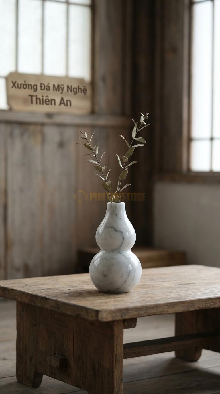 Lọ Hoa Đá Trắng Yên Bái Họa Tiết “Hồ Lô Tí Hon” (Dáng Hồ Lô Phong Thủy Mini). Kích Thước Cao 14Cm, Đk 7Cm.