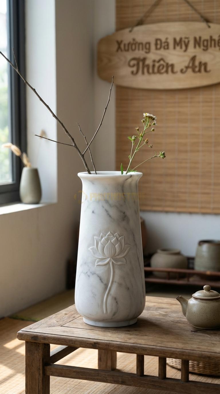 Lọ Hoa Đá Trắng Yên Bái Họa Tiết “Hoa Sen Chạm Nổi” (Dáng Bình Eo Thon, Chạm Sen). Kích Thước Cao 30Cm, Đk 16Cm.