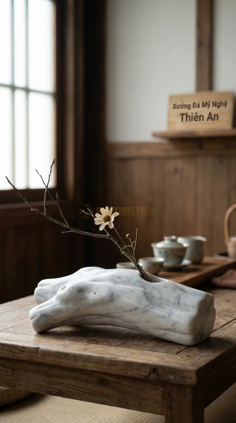 Lọ Hoa Đá Trắng Yên Bái Họa Tiết “Khúc Gỗ Lũa” (Đá Tạo Hình Giống Gỗ Mục). Kích Thước Dài 38Cm, Cao 10Cm.