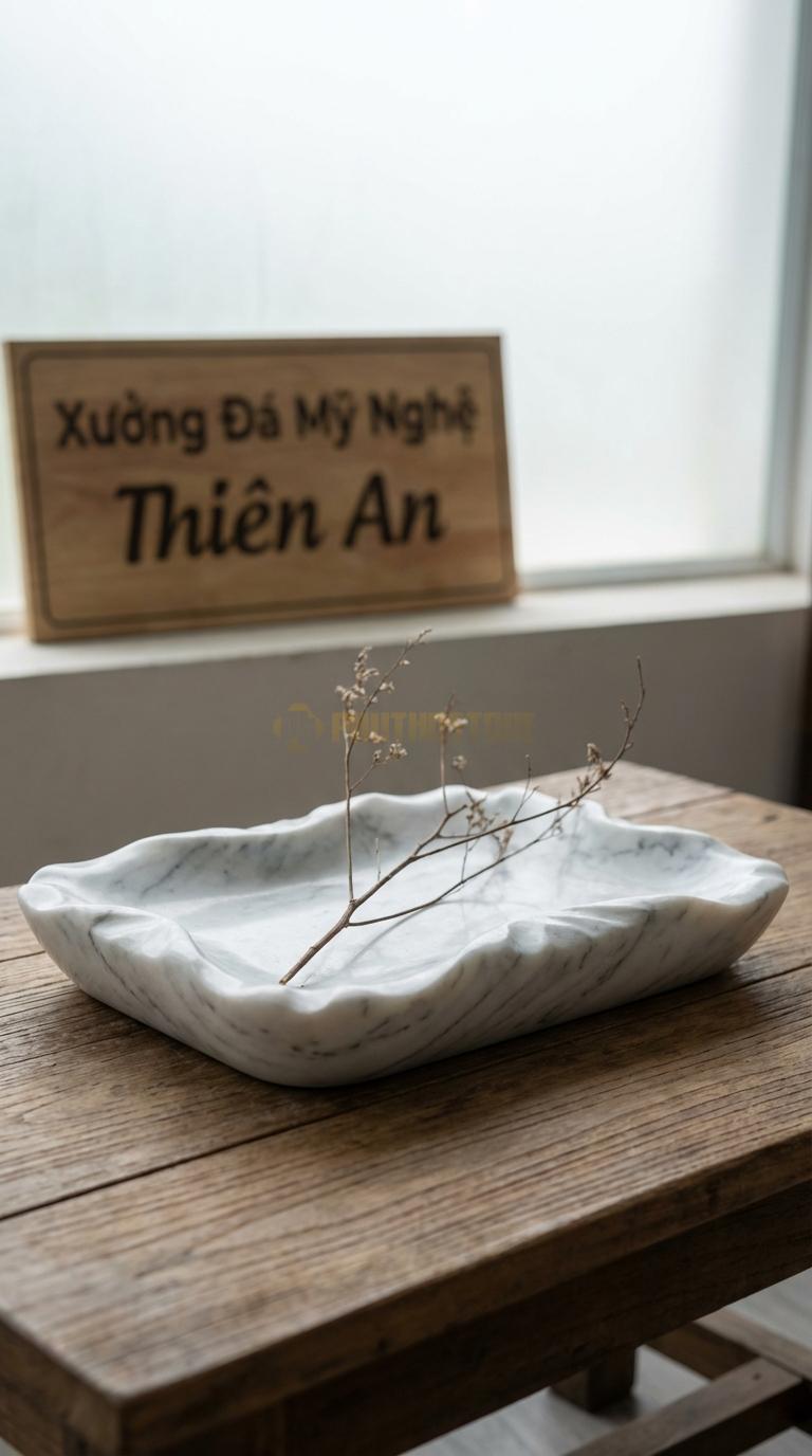 Lọ Hoa Đá Trắng Yên Bái Họa Tiết “Lá Sen Khô” (Viền Uốn Lượn Rách Tự Nhiên). Kích Thước Dài 35Cm, Rộng 25Cm, Cao 5Cm.