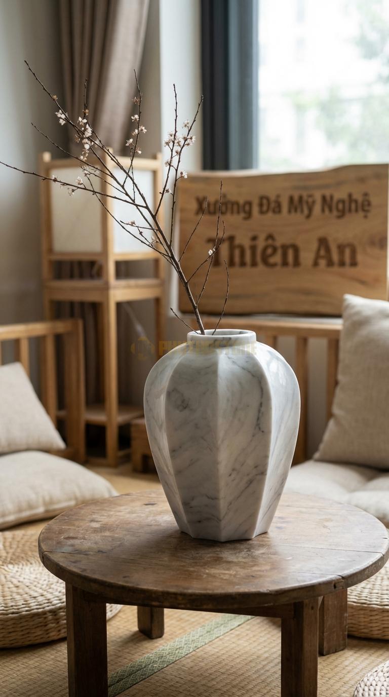 Lọ Hoa Đá Trắng Yên Bái Họa Tiết “Lồng Đèn” (Thân Khía Cạnh Giống Lồng Đèn). Kích Thước Cao 25Cm, Đk 20Cm.