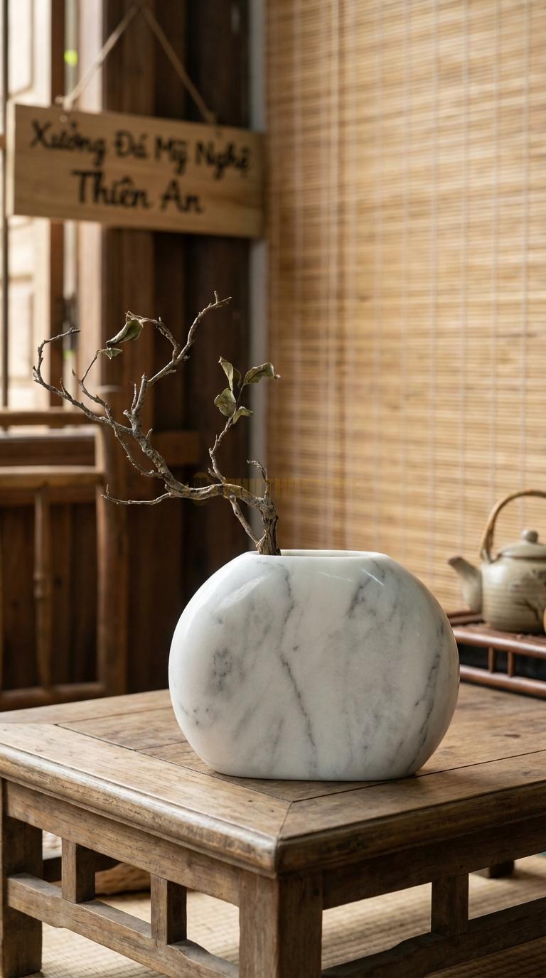 Lọ Hoa Đá Trắng Yên Bái Họa Tiết “Nửa Vầng Trăng” (Hình Bán Nguyệt Dẹt). Kích Thước Cao 12Cm, Ngang 15Cm.