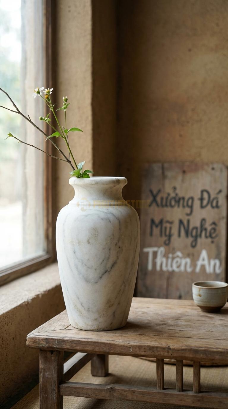 Lọ Hoa Đá Trắng Yên Bái Họa Tiết “Phong Hóa” (Bề Mặt Mài Mòn Giả Cổ). Kích Thước Cao 26Cm, Đk 13Cm.