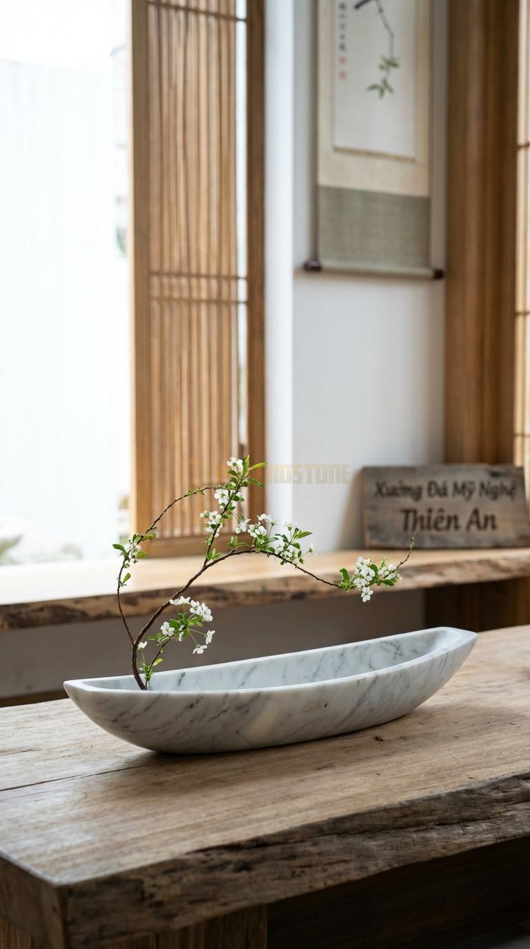 Lọ Hoa Đá Trắng Yên Bái Họa Tiết “Thuyền Nan” (Dáng Con Thuyền Dài, Lòng Nông). Kích Thước Dài 40Cm, Rộng 12Cm, Cao 8Cm.
