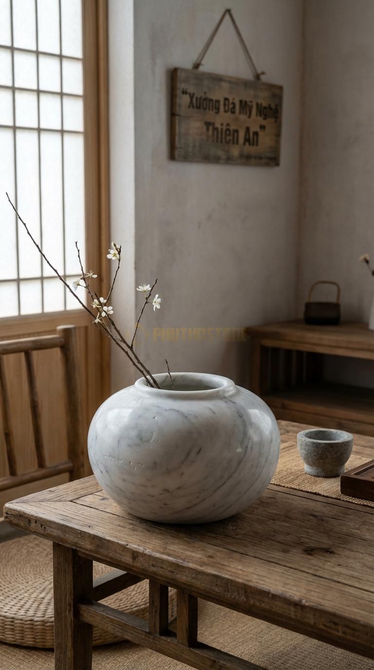 Lọ Hoa Đá Trắng Yên Bái Họa Tiết “Tổ Chim” (Dáng Tròn, Bề Mặt Xước Rối). Kích Thước Đk 20Cm, Cao 10Cm.