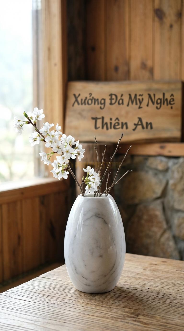 Lọ Hoa Đá Trắng Yên Bái Họa Tiết “Trứng Ngỗng” (Dáng Oval Đứng Trơn Nhẵn). Kích Thước Cao 14Cm, Đk 9Cm.