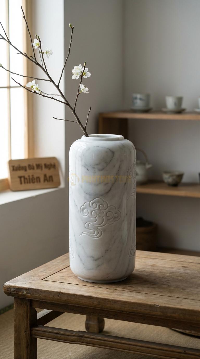 Lọ Hoa Đá Trắng Yên Bái Họa Tiết “Vân Mây” (Khắc Chìm Hoa Văn Mây Cổ). Kích Thước Cao 32Cm, Đk 15Cm.