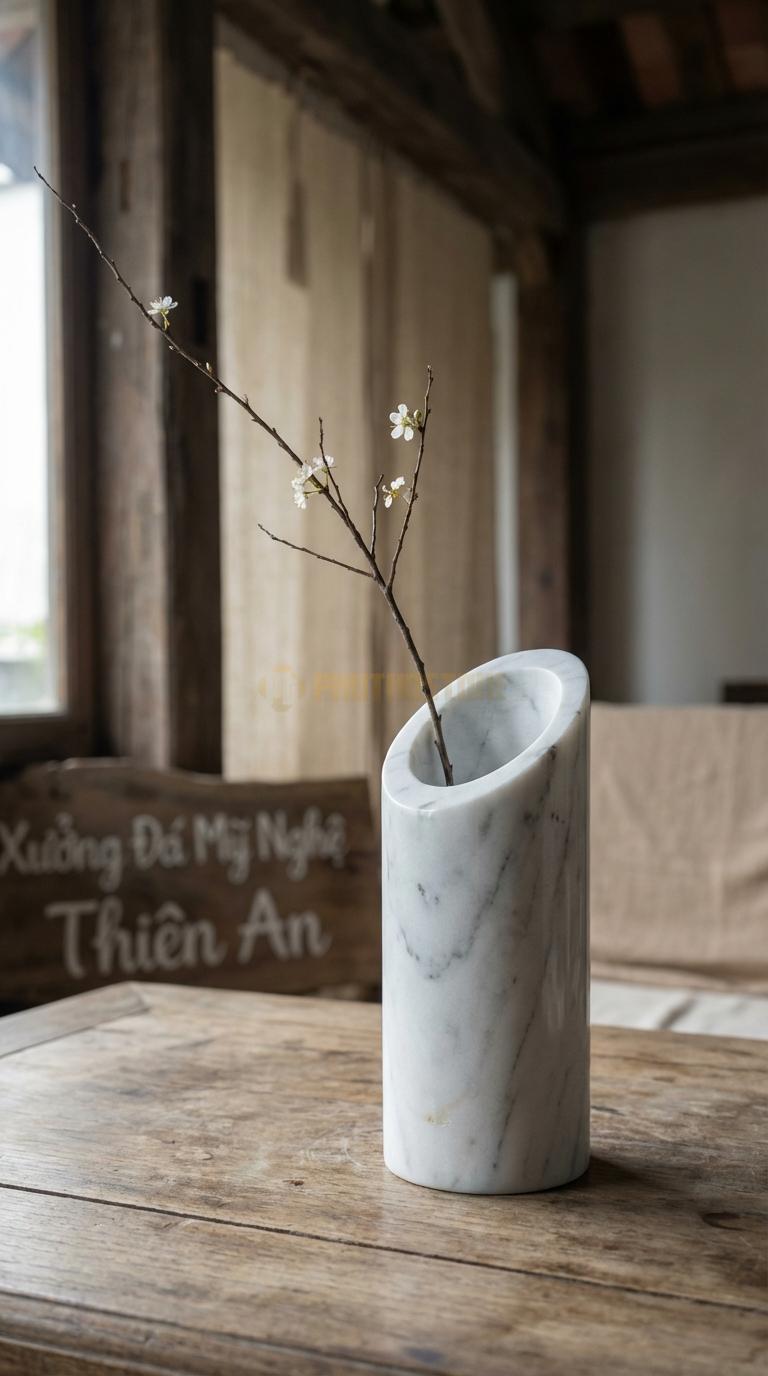 Lọ Hoa Đá Trắng Yên Bái Họa Tiết “Vát Xéo” (Miệng Lọ Cắt Vát 45 Độ Táo Bạo). Kích Thước Cao 20Cm, Đk 7Cm.