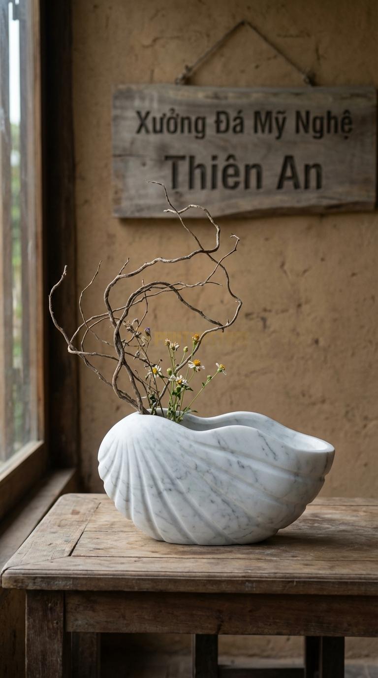 Lọ Hoa Đá Trắng Yên Bái Họa Tiết “Vỏ Sò” (Mô Phỏng Hình Vỏ Trai/Sò Lớn). Kích Thước Dài 28Cm, Rộng 18Cm, Cao 9Cm.