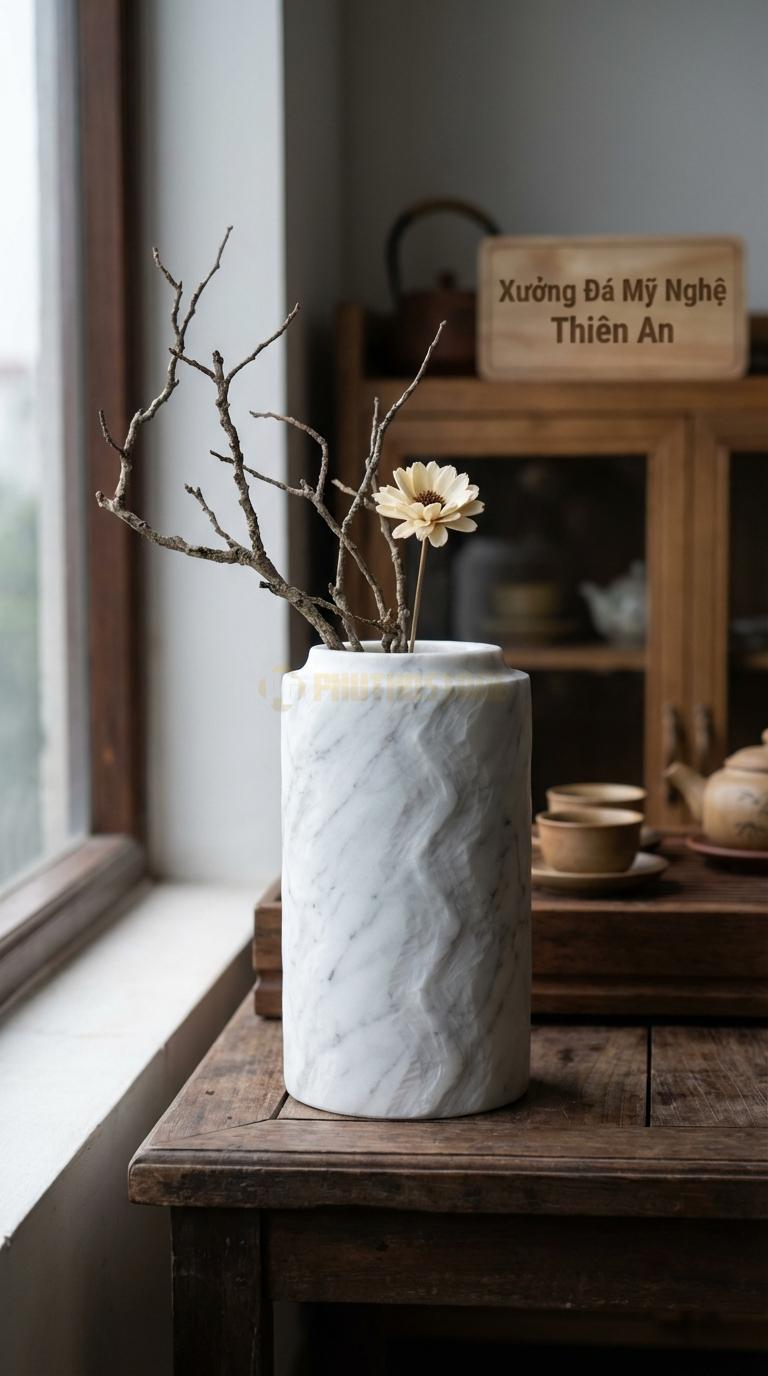 Lọ Hoa Đá Trắng Yên Bái Họa Tiết “Ziczac” (Thân Lọ Có Các Đường Gấp Khúc). Kích Thước Cao 15Cm, Đk 9Cm.