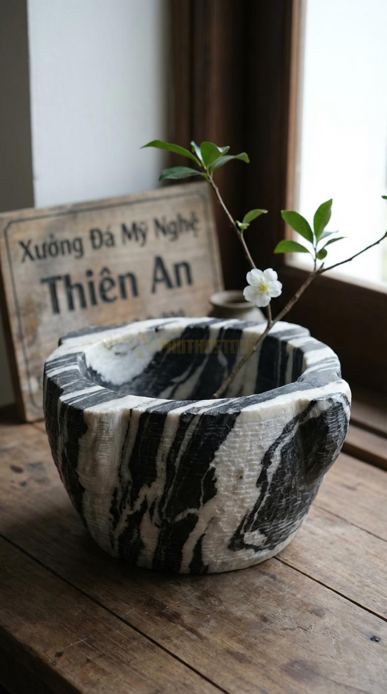 Lọ Hoa Đá Tuyết Sơn Họa Tiết “Cối Đá Cổ” (Mô Phỏng Cối Xay Đá Ngày Xưa). Kích Thước Đk 25Cm, Cao 12Cm.