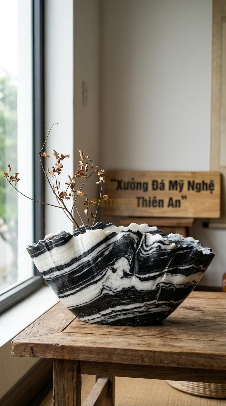 Lọ Hoa Đá Tuyết Sơn Họa Tiết “Lá Sen Khô” (Viền Uốn Lượn Rách Tự Nhiên). Kích Thước Dài 35Cm, Rộng 25Cm, Cao 5Cm.