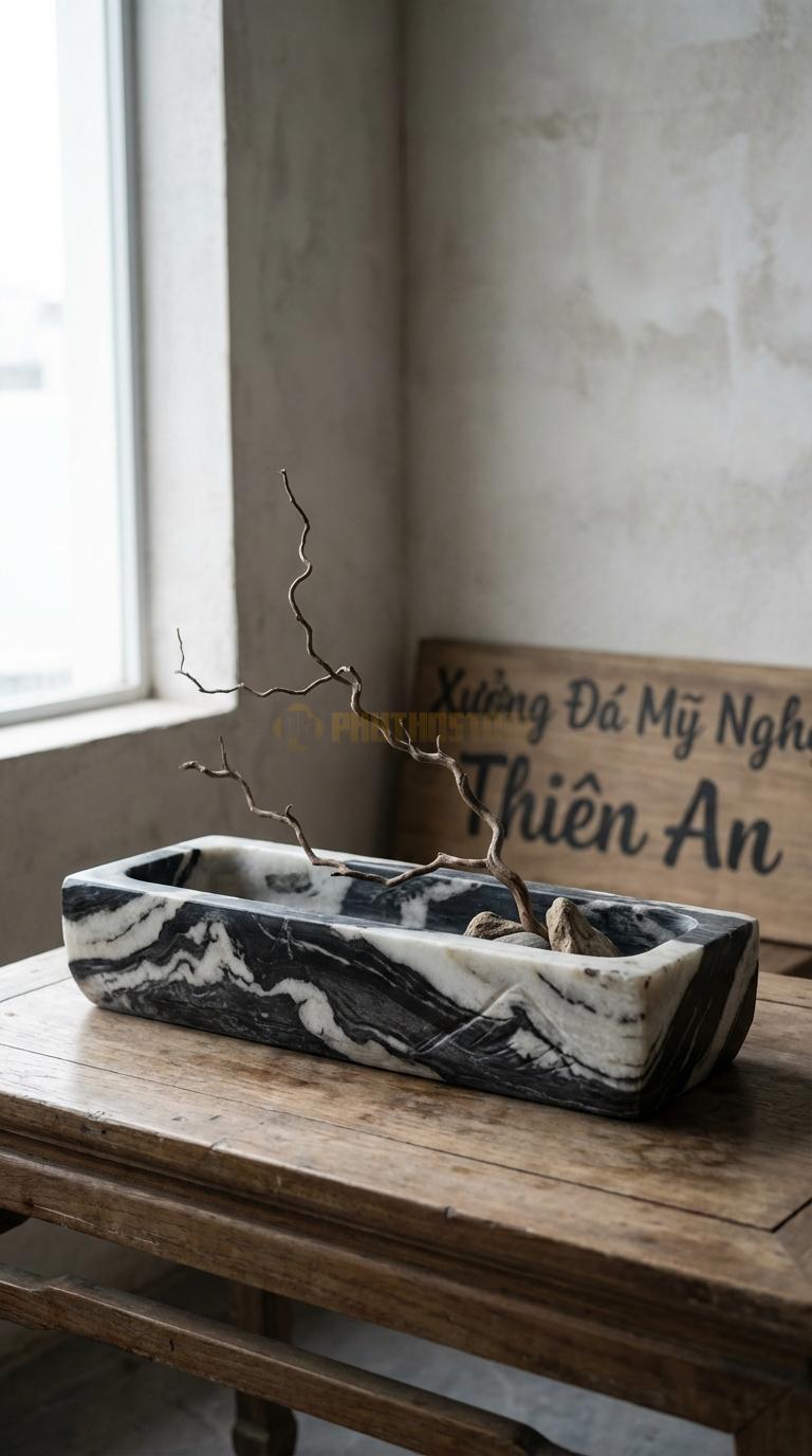 Lọ Hoa Đá Tuyết Sơn Họa Tiết “Máng Nước” (Dáng Dài Hình Chữ Nhật Khoét Lòng). Kích Thước Dài 45Cm, Rộng 10Cm, Cao 7Cm.