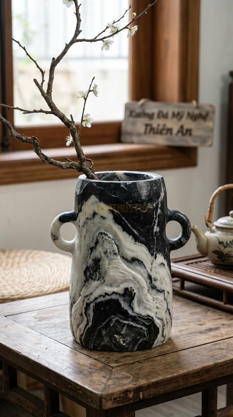 Lọ Hoa Đá Tuyết Sơn Họa Tiết “Vành Khuyên” (Có Tay Cầm Tròn 2 Bên). Kích Thước Cao 28Cm, Ngang 20Cm.