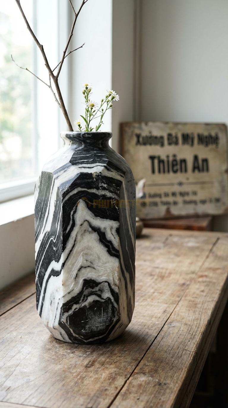 Lọ Hoa Đá Tuyết Sơn Họa Tiết “Vát Kim Cương” (Đa Giác Nhiều Mặt Cắt Bắt Sáng). Kích Thước Cao 30Cm, Đk 15Cm.