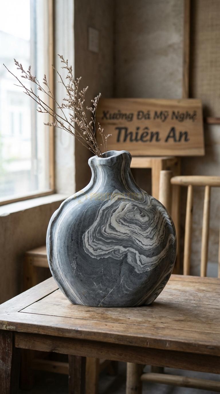 Lọ Hoa Đá Vân Mây Họa Tiết “Bình Rượu” (Dáng Hồ Lô Dẹt Giống Bình Rượu Xưa). Kích Thước Cao 28Cm, Ngang 22Cm.