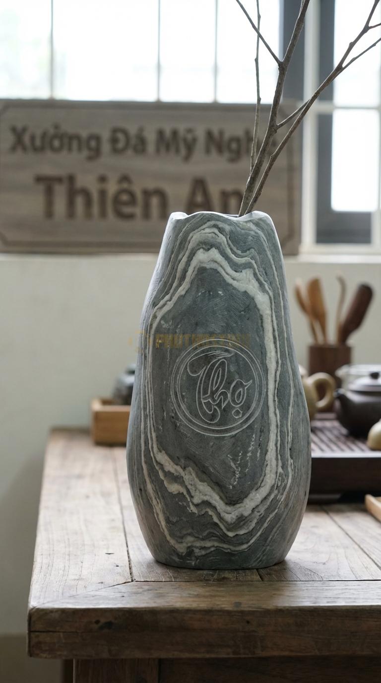 Lọ Hoa Đá Vân Mây Họa Tiết “Chữ Thọ” (Khắc Chữ Thọ Tròn Ở Chính Diện). Kích Thước Cao 32Cm, Đk 16Cm.