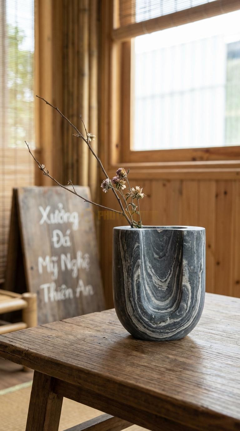 Lọ Hoa Đá Vân Mây Họa Tiết “Chữ U” (Dáng Cong Chữ U Hiện Đại). Kích Thước Cao 14Cm, Rộng 12Cm.