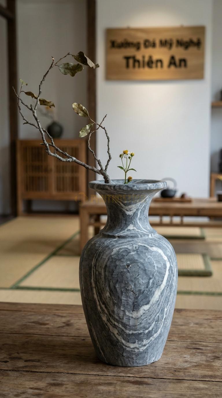 Lọ Hoa Đá Vân Mây Họa Tiết “Cổ Loa” (Miệng Loe Rộng, Cổ Nhỏ). Kích Thước Cao 28Cm, Đk Miệng 18Cm.