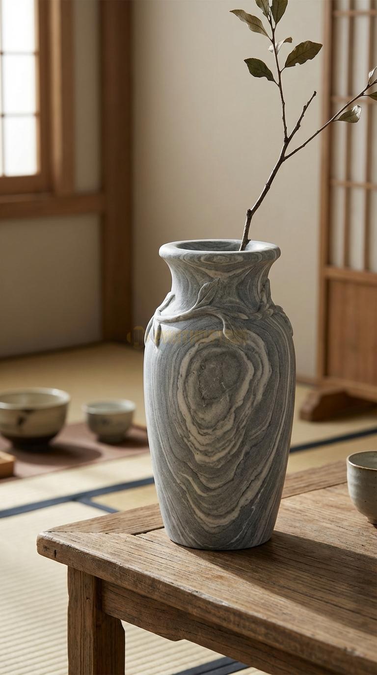 Lọ Hoa Đá Vân Mây Họa Tiết “Dây Leo” (Hoa Dây Quấn Quanh Cổ Bình). Kích Thước Cao 30Cm, Đk 14Cm.