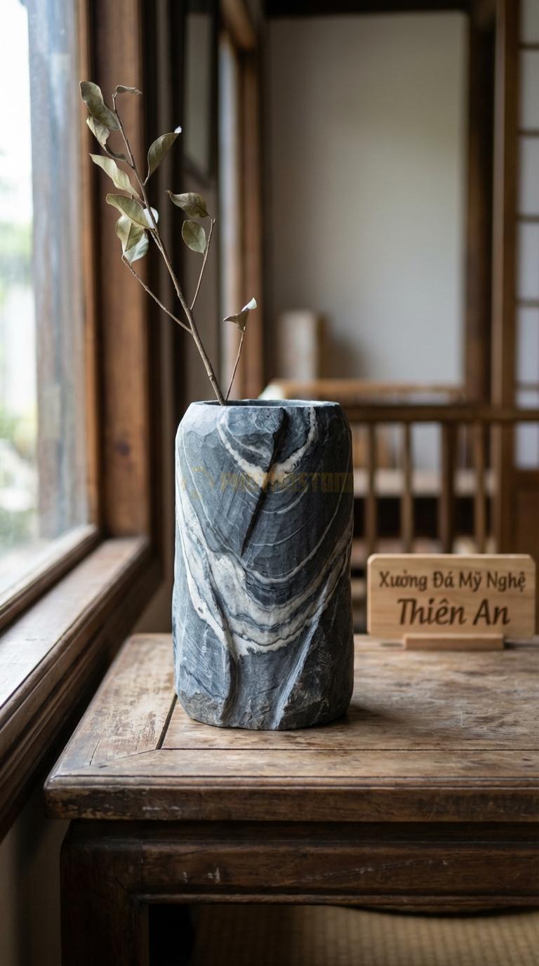 Lọ Hoa Đá Vân Mây Họa Tiết “Gấp Nếp” (Như Tờ Giấy Gấp Nếp Origami). Kích Thước Cao 25Cm, Đk 16Cm.