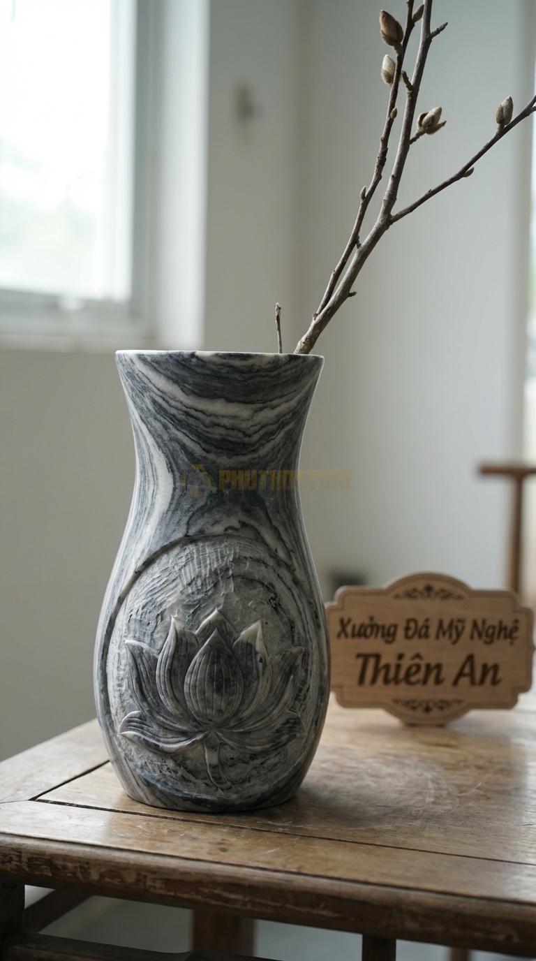 Lọ Hoa Đá Vân Mây Họa Tiết “Hoa Sen Chạm Nổi” (Dáng Bình Eo Thon, Chạm Sen). Kích Thước Cao 30Cm, Đk 16Cm.