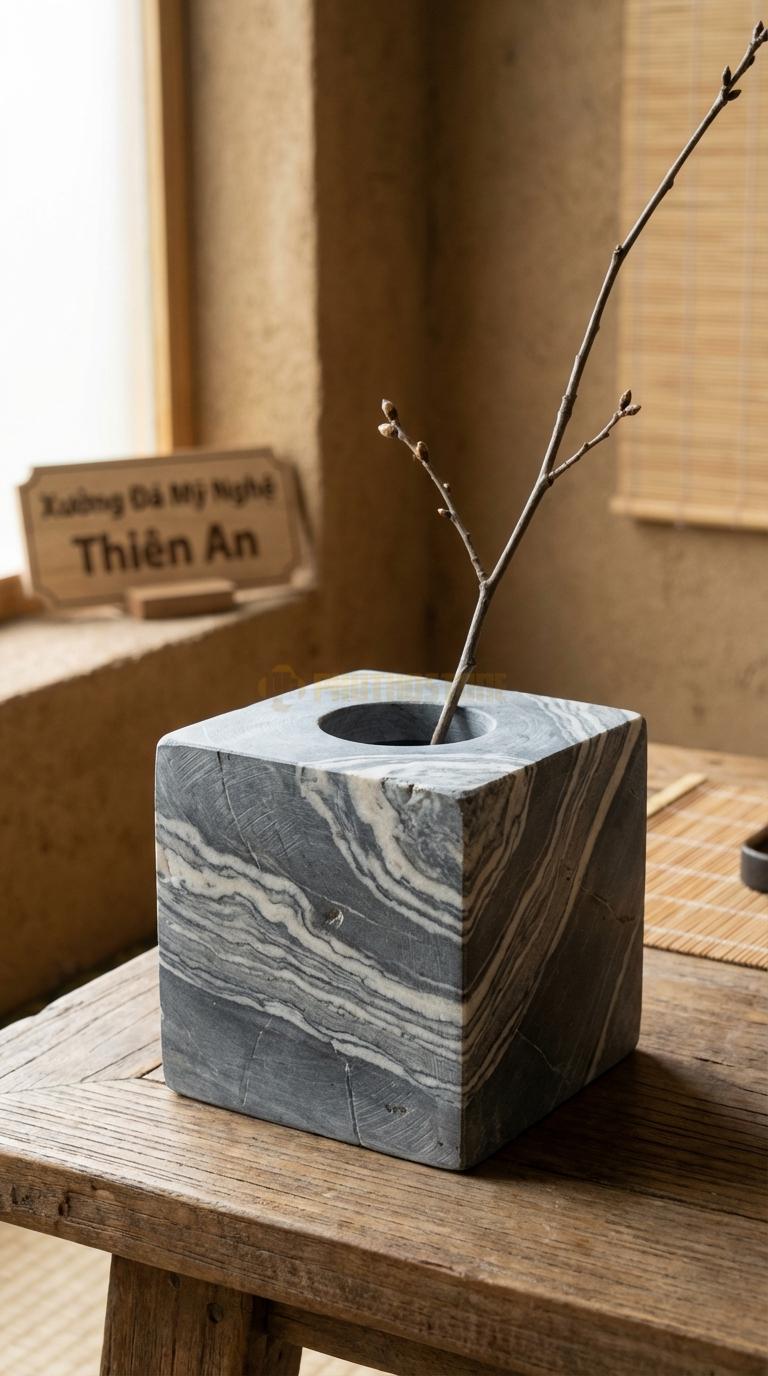 Lọ Hoa Đá Vân Mây Họa Tiết “Khối Lập Phương” (Vuông Vức 6 Mặt, Lỗ Cắm Tròn). Kích Thước 10 x 10 x 10 Cm.