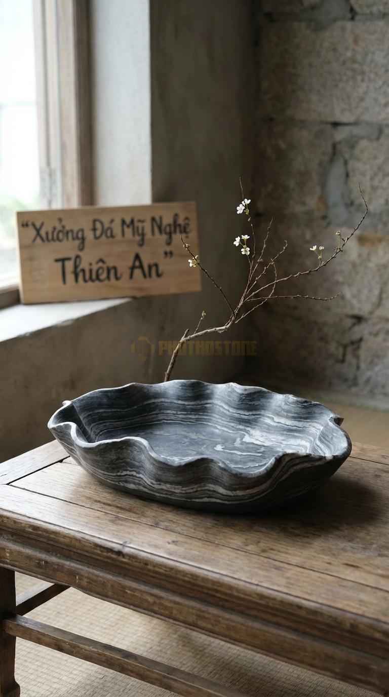 Lọ Hoa Đá Vân Mây Họa Tiết “Lá Sen Khô” (Viền Uốn Lượn Rách Tự Nhiên). Kích Thước Dài 35Cm, Rộng 25Cm, Cao 5Cm.