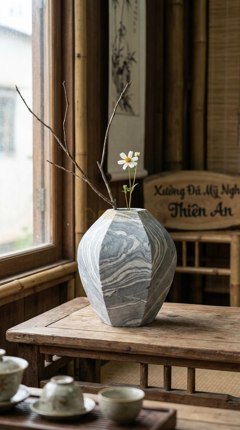 Lọ Hoa Đá Vân Mây Họa Tiết “Lồng Đèn” (Thân Khía Cạnh Giống Lồng Đèn). Kích Thước Cao 25Cm, Đk 20Cm.