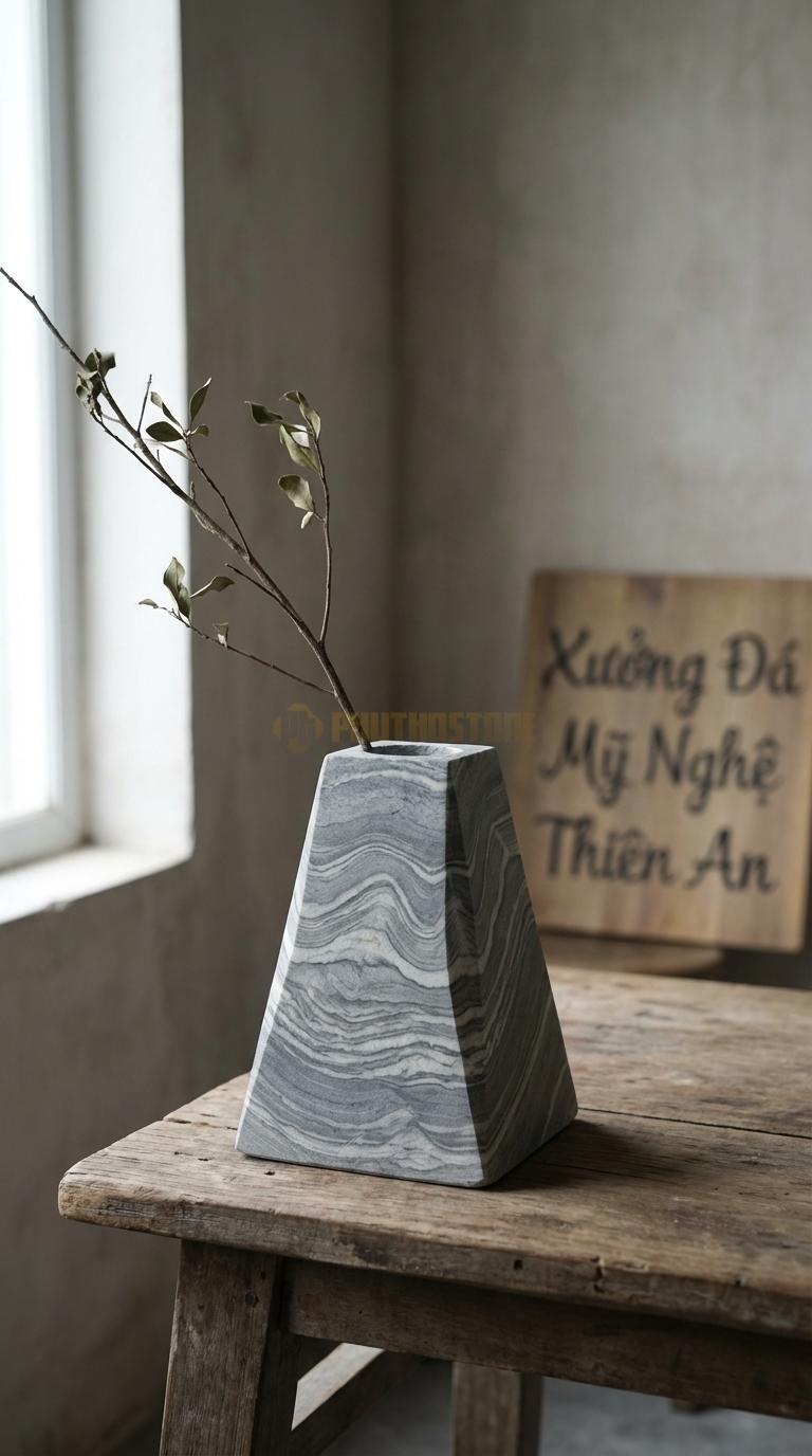 Lọ Hoa Đá Vân Mây Họa Tiết “Tam Giác Vát” (Dáng Kim Tự Tháp Cụt). Kích Thước Cao 12Cm, Cạnh Đáy 10Cm.