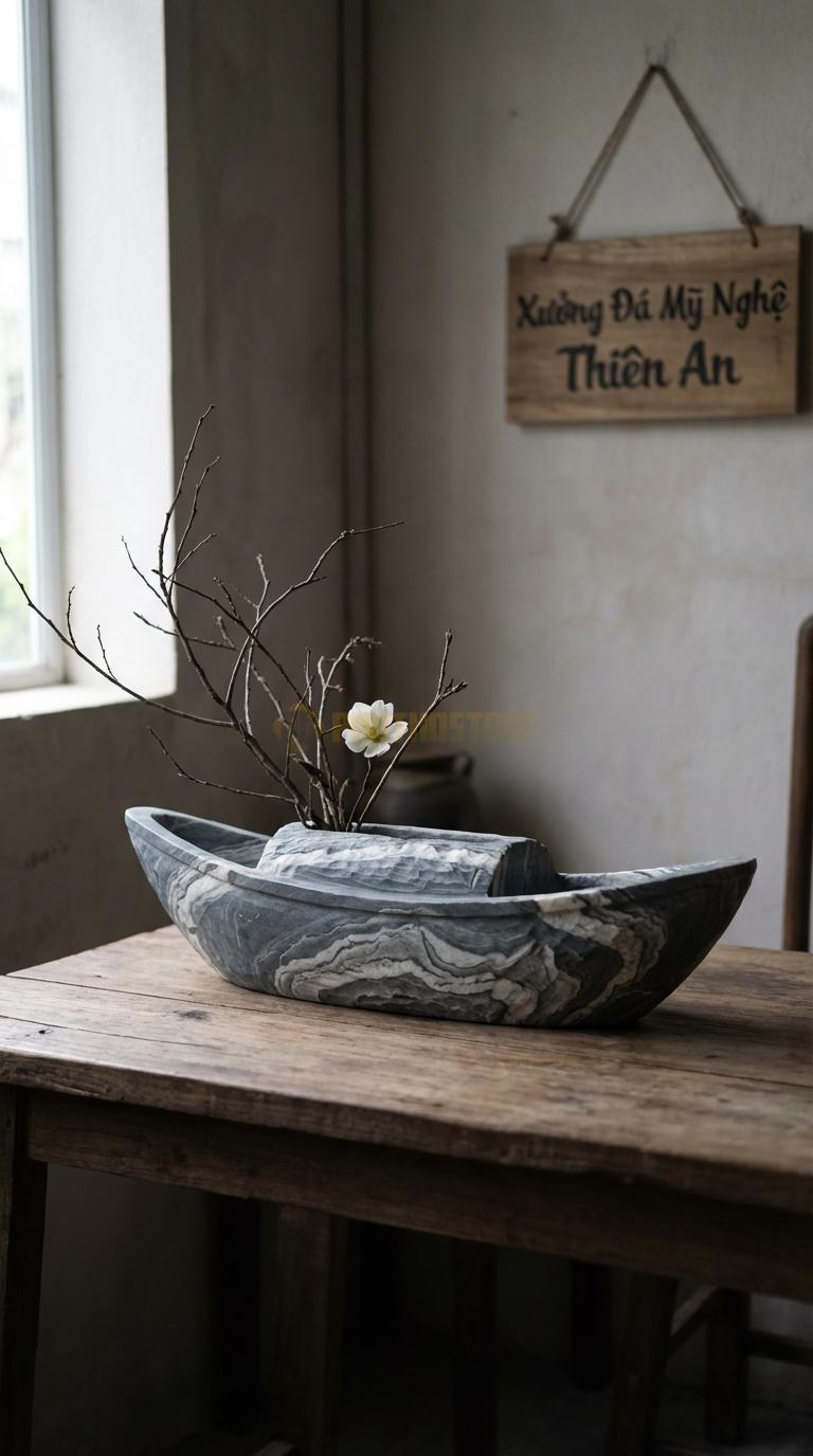 Lọ Hoa Đá Vân Mây Họa Tiết “Thuyền Nan” (Dáng Con Thuyền Dài, Lòng Nông). Kích Thước Dài 40Cm, Rộng 12Cm, Cao 8Cm.