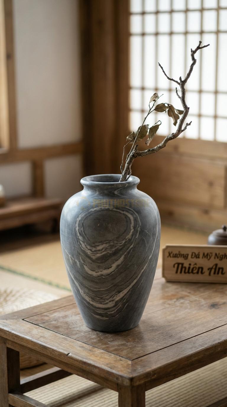 Lọ Hoa Đá Vân Mây Họa Tiết “Trơn Bóng Mờ” (Dáng Bình Củ Gừng, Đơn Giản). Kích Thước Cao 25Cm, Đk 18Cm.