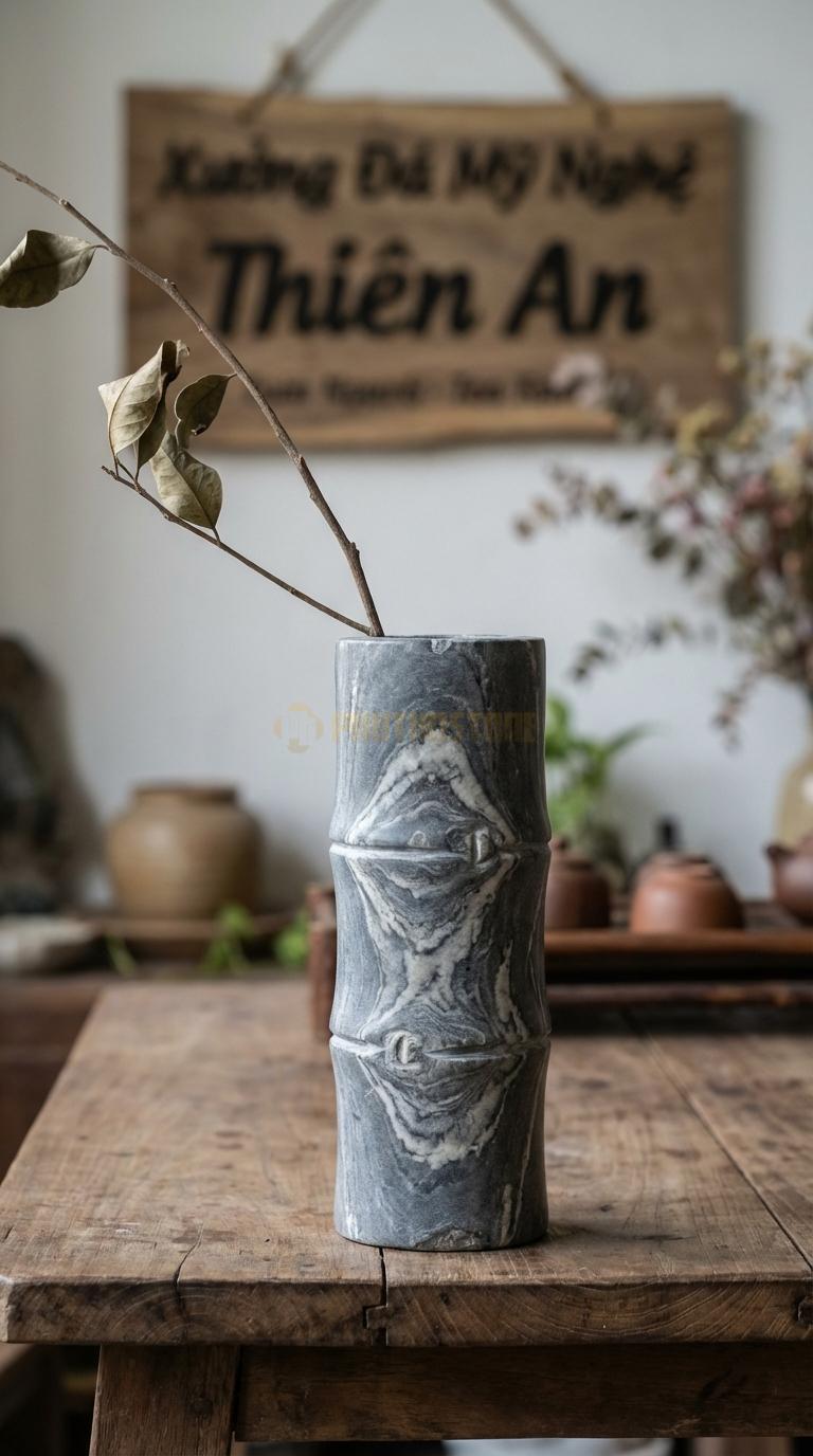 Lọ Hoa Đá Vân Mây Họa Tiết “Trụ Ống Tre” (Tròn Đều Từ Trên Xuống Dưới, Khắc Đốt Tre). Kích Thước Cao 18Cm, Đk 6Cm.